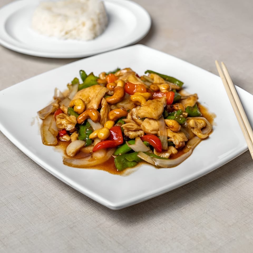 Napasorn Thai Restaurant's cashew chicken stir-fry with red and green peppers, onions, and rice.