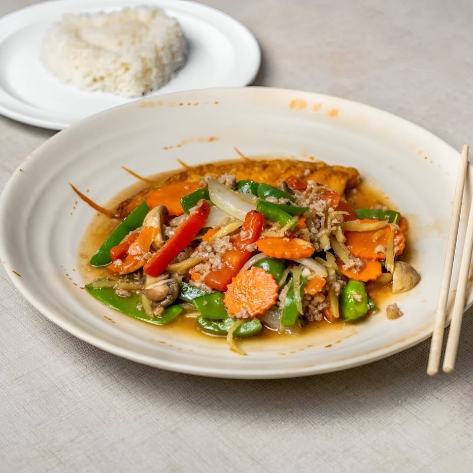 Napasorn Thai Restaurant's stir-fried vegetables with minced meat and a side of white rice.